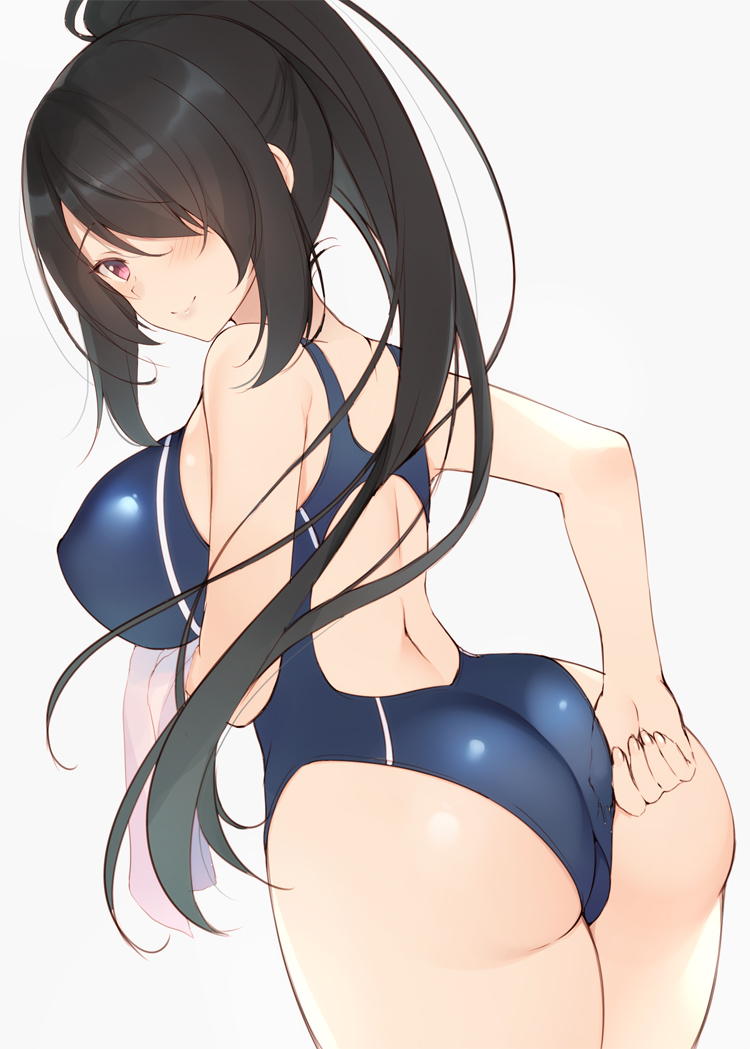 1girl aotsu_karin arm_under_breasts ass back bangs bare_shoulders black_hair blush breasts closed_mouth competition_swimsuit covered_nipples curvy hair_over_one_eye high_ponytail holding holding_towel large_breasts long_hair long_ponytail one-piece_swimsuit original sidelocks smile swimsuit thick_thighs thighs towel