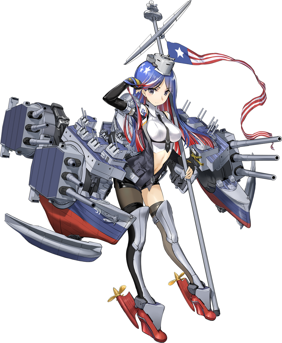 1girl american_flag black_gloves blue_hair breasts gloves jacket kantai_collection long_hair machinery medium_breasts multicolored_hair navel necktie official_art redhead rudder_footwear shorts single_thighhigh south_dakota_(kantai_collection) staff thigh-highs transparent_background turret weapon white_hair zeco
