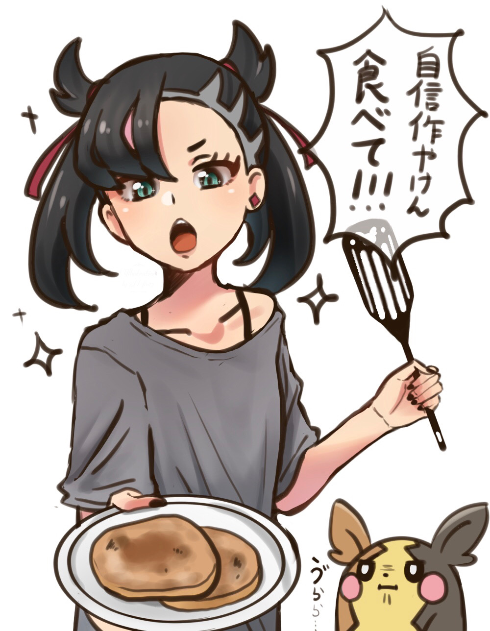 1girl asymmetrical_bangs bangs black_hair black_nails collarbone commentary_request earrings echizen_(n_fns17) eyelashes food gen_8_pokemon green_eyes grey_shirt hair_ribbon highres holding holding_plate holding_spatula jewelry light_blush looking_at_viewer mary_(pokemon) medium_hair morpeko morpeko_(full) open_mouth plate pokemon pokemon_(creature) pokemon_(game) pokemon_swsh red_ribbon ribbon shirt short_sleeves simple_background sparkle spatula teeth tongue translation_request twintails upper_teeth white_background