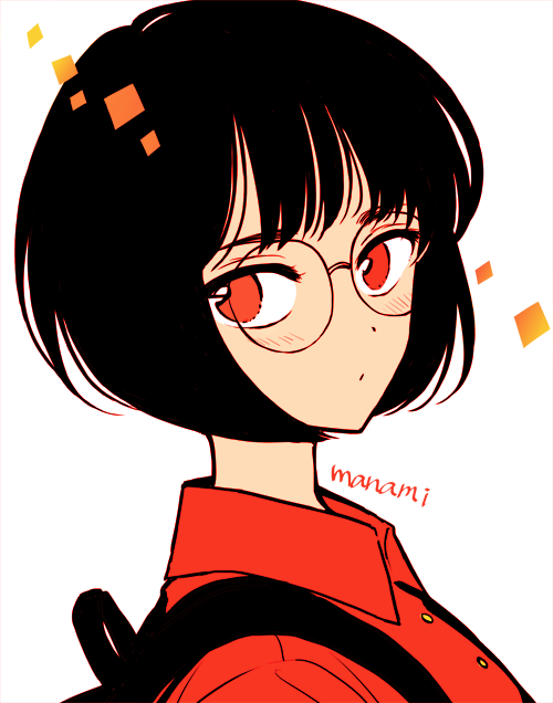 1girl bangs black-framed_eyewear black_hair blush collared_shirt expressionless face glasses looking_at_viewer original portrait red_eyes red_shirt round_eyewear shirt short_hair signature simple_background solo sugano_manami white_background