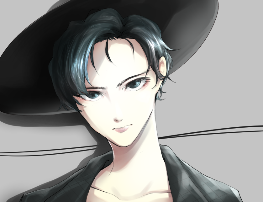 1boy androgynous black_eyes black_hair black_headwear black_shirt closed_mouth collarbone commentary english_commentary expressionless grey_background hat lips looking_at_viewer male_focus matsunaga777 original portrait shirt solo