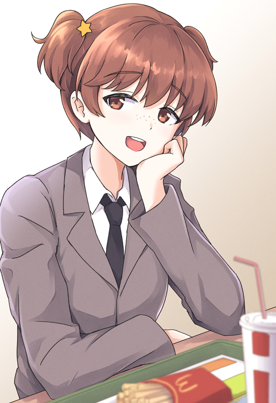 1girl alisa_(girls_und_panzer) bangs black_neckwear blazer blurry blurry_foreground brown_background brown_eyes brown_hair chin_rest cup depth_of_field disposable_cup dress_shirt drinking_straw elbow_rest eyebrows_visible_through_hair food freckles french_fries girls_und_panzer gradient gradient_background grey_jacket hair_ornament jacket katakori_sugita long_sleeves looking_at_viewer mcdonald's necktie open_mouth saunders_school_uniform school_uniform shirt short_hair short_twintails smile solo star_(symbol) star_hair_ornament twintails white_shirt wing_collar