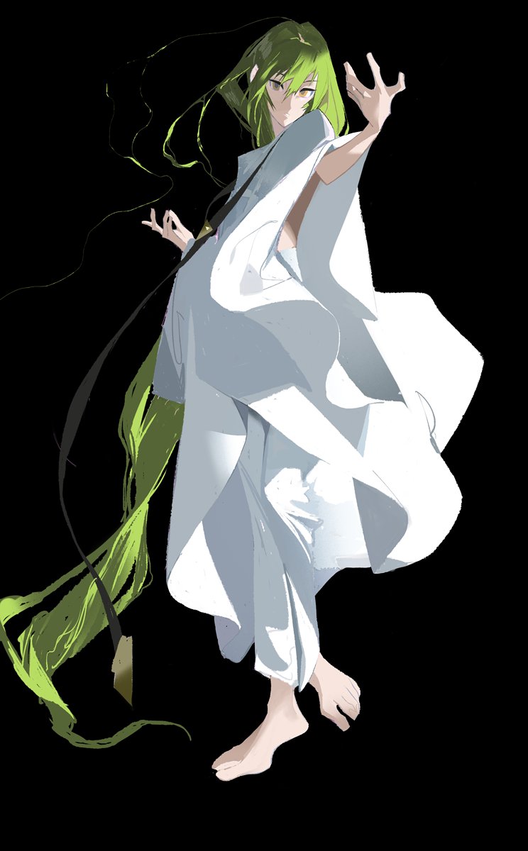 absurdly_long_hair androgynous barefoot black_background character_request copyright_request fate_(series) full_body green_hair hair_between_eyes hands_up highres horikwawataru long_hair looking_at_viewer messy_hair orange_eyes pants parted_hair parted_lips poncho side_cutout simple_background solo toenails toes very_long_hair white_pants