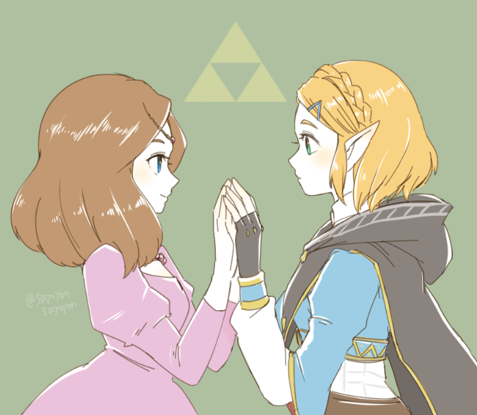 2girls bangs blonde_hair blue_eyes braid brown_hair cape crown_braid dress dual_persona fingerless_gloves gloves hair_ornament hairclip holding_hands multiple_girls parted_bangs pointy_ears princess_zelda sayoyonsayoyo short_hair smile the_legend_of_zelda the_legend_of_zelda:_breath_of_the_wild the_legend_of_zelda:_breath_of_the_wild_2 the_legend_of_zelda_(nes) thick_eyebrows upper_body