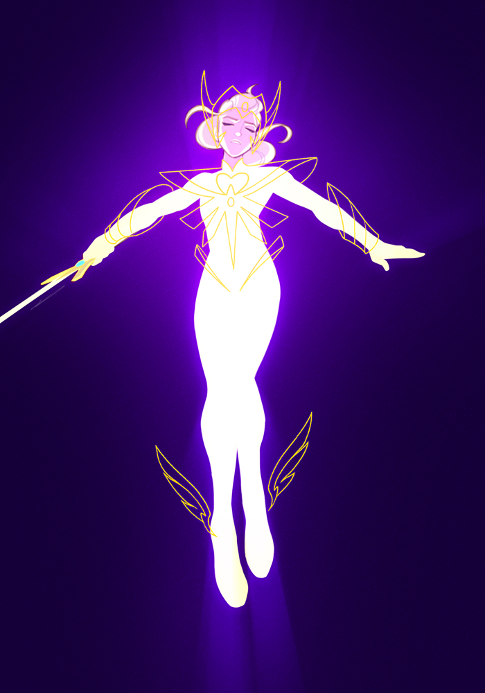 1girl adora_(she-ra) blonde_hair charles_tan closed_eyes glowing henshin holding holding_sword holding_weapon masters_of_the_universe outstretched_arms ponytail purple_background she-ra_and_the_princesses_of_power solo sword transformation weapon