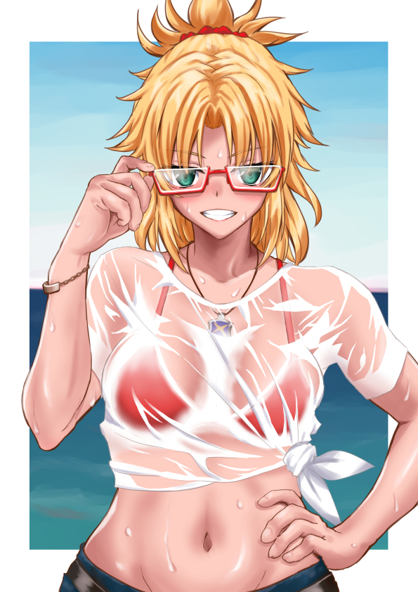 1girl adjusting_eyewear aqua_eyes bespectacled blonde_hair blue_shorts blue_sky blush bracelet breasts breasts_apart collarbone commentary_request fate/apocrypha fate_(series) glasses hair_ornament hair_scrunchie hakase_yurisuki hand_on_hip jewelry medium_breasts messy_hair midriff mordred_(fate) mordred_(fate)_(all) navel necklace ocean red-framed_eyewear red_scrunchie scrunchie see-through semi-rimless_eyewear shirt short_ponytail shorts side-tie_shirt sky smile solo swimsuit tied_shirt under-rim_eyewear upper_body wet wet_clothes wet_shirt wet_t-shirt