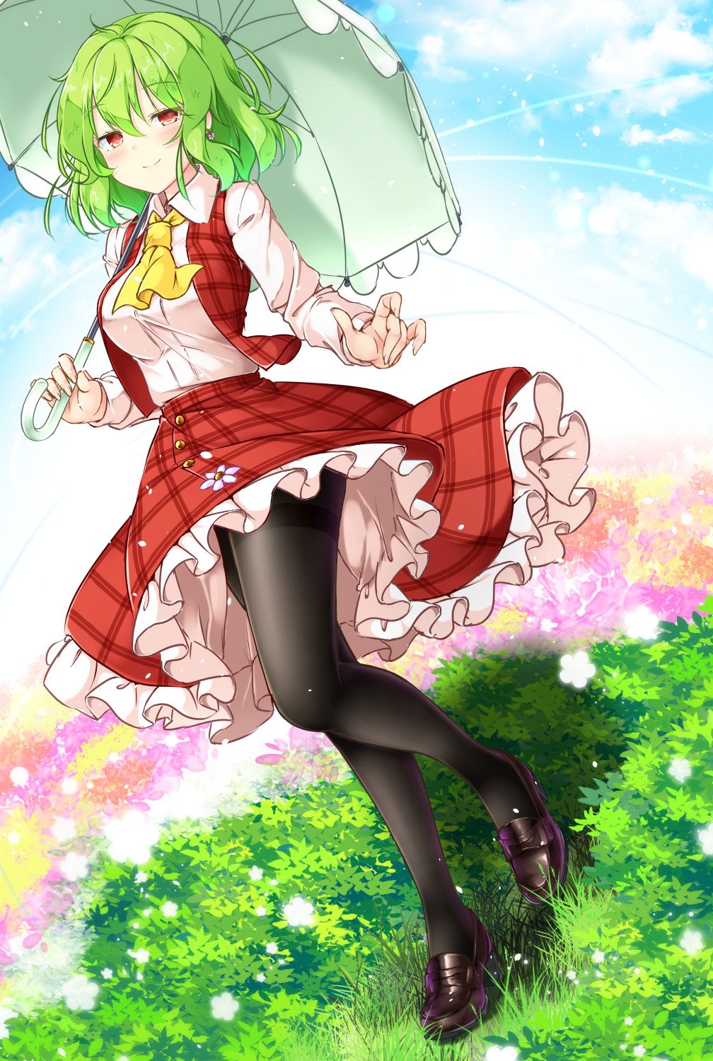 1girl ahoge aka_tawashi ascot bangs blush breasts buttons closed_mouth clouds commentary commentary_request day earrings eyebrows_visible_through_hair field flower flower_field frilled_skirt frills full_body grass green_hair highres holding holding_umbrella jewelry kazami_yuuka large_breasts long_sleeves looking_at_viewer mary_janes open_clothes open_vest outdoors pantyhose parasol plaid plaid_skirt plaid_vest red_eyes red_skirt red_vest shirt shoes short_hair skirt skirt_set sky smile solo standing standing_on_one_leg sunflower touhou umbrella vest walking wavy_hair white_shirt yellow_neckwear