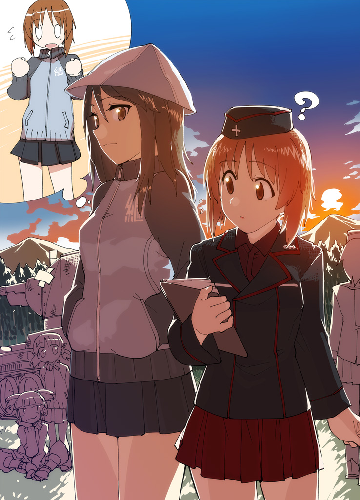 0_0 5girls ? aki_(girls_und_panzer) alternate_costume bangs black_headwear black_jacket blue_headwear blue_jacket blue_skirt blunt_bangs brown_eyes brown_hair bt-42 chin_rest clipboard closed_mouth commentary_request dress_shirt eyebrows_visible_through_hair flying garrison_cap girls_und_panzer ground_vehicle hands_in_pockets hat holding holding_clipboard imagining insignia jacket keizoku_military_uniform kuromorimine_military_uniform long_hair long_sleeves looking_at_another mika_(girls_und_panzer) mikko_(girls_und_panzer) military military_hat military_uniform military_vehicle miniskirt motor_vehicle mountain multiple_girls nishizumi_miho outdoors pleated_skirt raglan_sleeves red_shirt red_skirt shirt short_hair sitting skirt smile standing sunset tank thought_bubble track_jacket tsuru_(clainman) tulip_hat twintails uniform wing_collar zipper