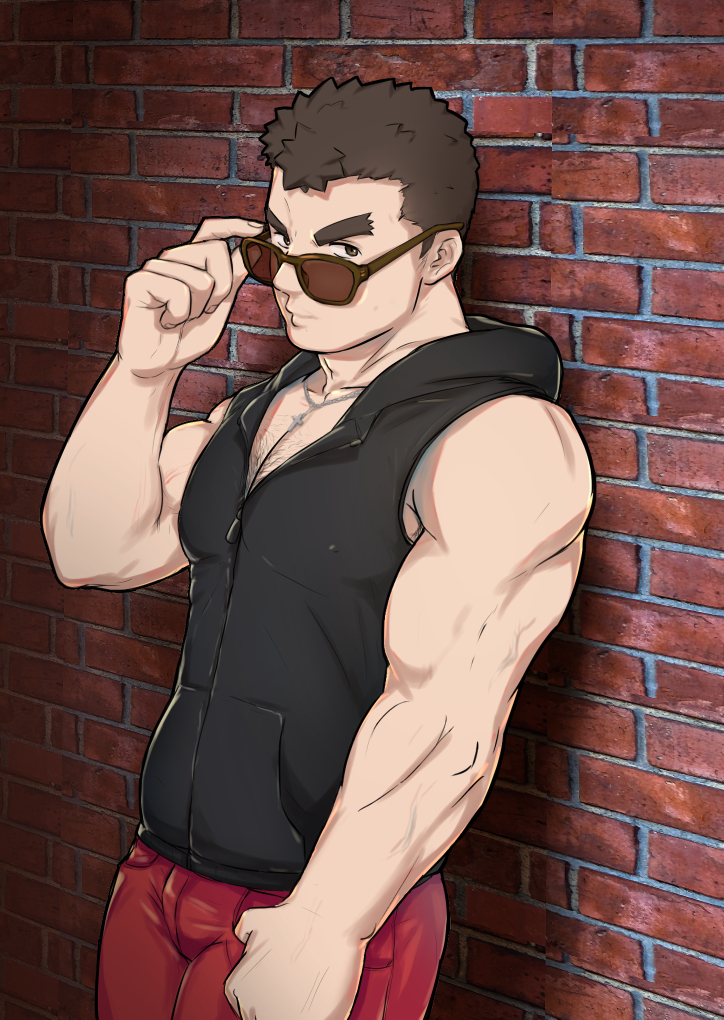 1boy abs adjusting_eyewear bara bare_shoulders barry_go blush body_hair brown_hair bulge chest chest_hair facial_hair goatee hood hoodie kengo_(tokyo_houkago_summoners) male_focus manly muscle pants pectorals sleeveless sleeveless_hoodie solo sunglasses thick_eyebrows tokyo_houkago_summoners upper_body