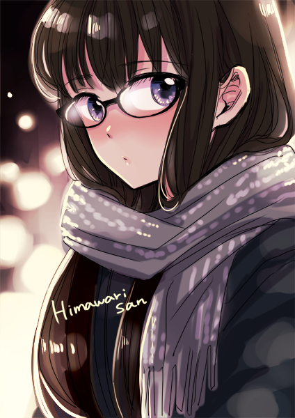 1girl bangs black-framed_eyewear black_hair blush character_name coat commentary_request copyright_name eyebrows_visible_through_hair glasses himawari-san himawari-san_(character) looking_at_viewer purple_scarf scarf solo sugano_manami upper_body