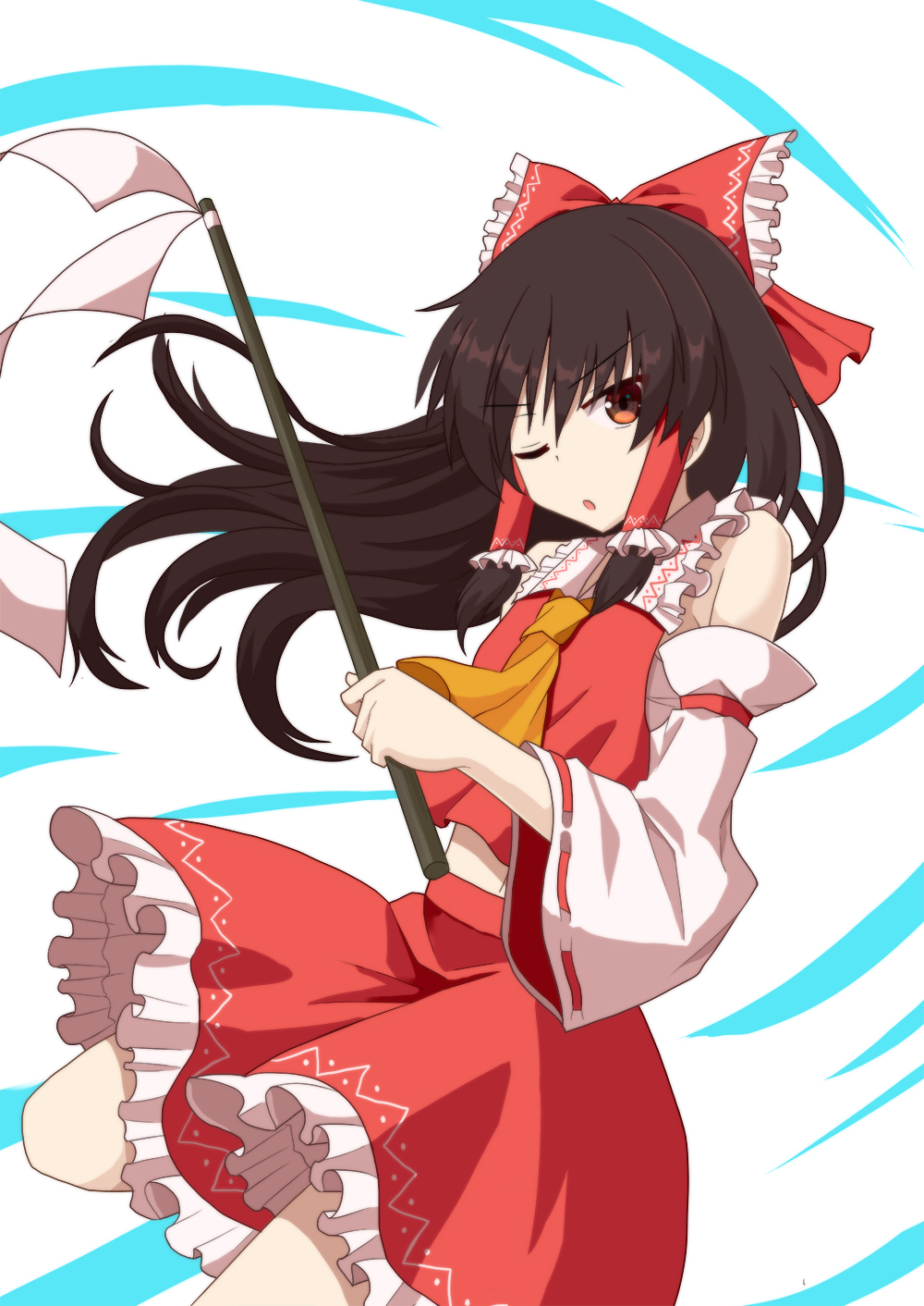 1girl :o abstract_background black_hair cowboy_shot cravat detached_sleeves folded_leg gohei hair_ribbon hair_tubes hakurei_reimu head_tilt highres holding leaning_back long_hair looking_at_viewer midriff navel one_eye_closed petticoat red_eyes red_skirt red_vest ribbon ribbon-trimmed_sleeves ribbon_trim sidelocks skirt solo standing standing_on_one_leg sugiyama_ichirou touhou very_long_hair vest white_background yellow_neckwear