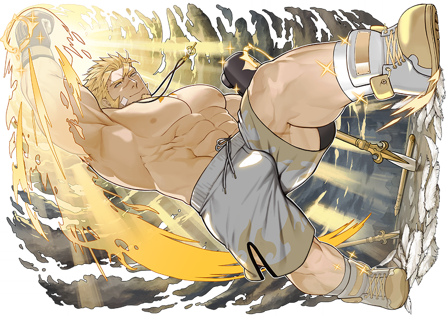 1boy abs bara beard blonde_hair blush bulge chest dynamic_pose facial_hair full_body gomtang jacob_(tokyo_houkago_summoners) looking_at_viewer male_focus manly muscle navel official_art pectorals punching shirtless shorts simple_background sky solo sparkle spiky_hair tokyo_houkago_summoners white_footwear wrestling_outfit yellow_eyes