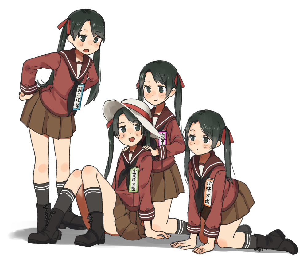 4girls :d annin_musou black_eyes black_footwear black_hair black_legwear black_neckwear blush boots brown_skirt eyebrows_visible_through_hair hat kantai_collection kneehighs long_hair long_sleeves mikuma_(kantai_collection) multiple_girls multiple_persona neckerchief open_mouth pleated_skirt red_sailor_collar red_serafuku sailor_collar school_uniform serafuku shadow simple_background skirt smile twintails white_background white_headwear