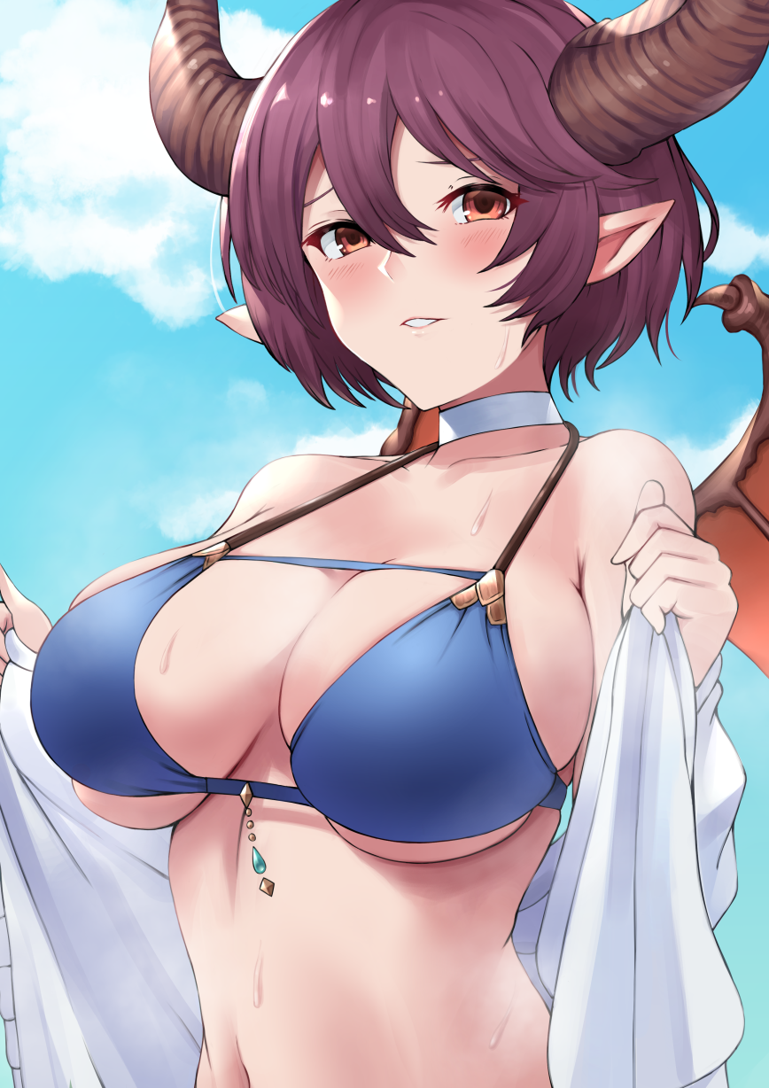 1girl bare_shoulders bikini blue_bikini blue_sky blush breasts choker clouds collarbone day dragon_girl dragon_horns dragon_wings granblue_fantasy grea_(shingeki_no_bahamut) haido_(ryuuno_kanzume) hair_between_eyes halter_top halterneck highres horns large_breasts looking_at_viewer navel open_clothes open_shirt outdoors parted_lips pointy_ears purple_hair red_eyes shirt short_hair sky solo sweat swimsuit upper_body white_choker white_shirt wings