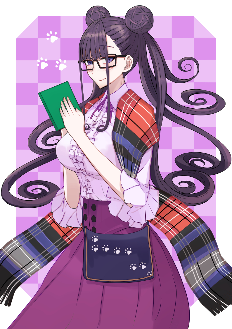 1girl blush book breasts checkered checkered_background closed_mouth double_bun fate/grand_order fate_(series) frills glasses holding holding_book kozara14 large_breasts lavender_shirt long_hair long_sleeves looking_at_viewer murasaki_shikibu_(fate) purple_background purple_hair purple_skirt shawl skirt smile very_long_hair violet_eyes