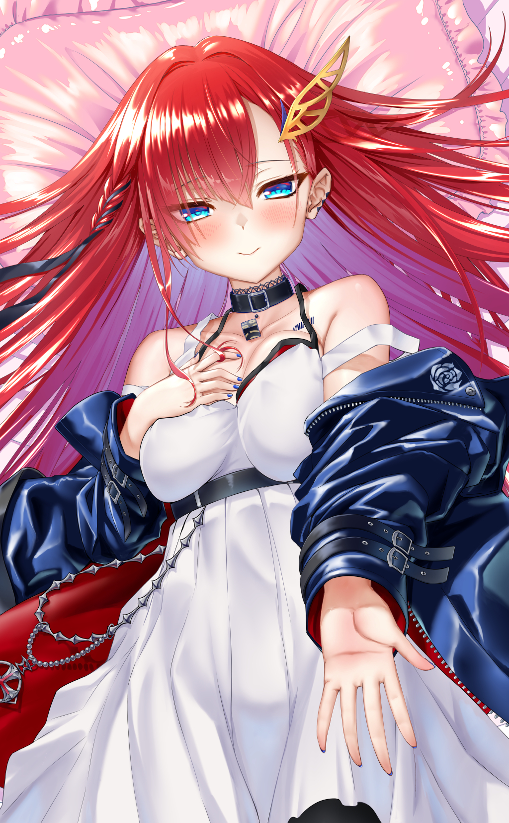 1girl bangs barcode_tattoo bare_shoulders belt black_belt black_choker black_jacket black_legwear blue_eyes blue_nails blush braid breasts choker collarbone dress eyebrows_visible_through_hair flower hair_between_eyes hair_ornament hand_on_own_chest highres jacket kiara_(shironeko_project) large_breasts long_hair looking_at_viewer lying on_back open_clothes open_jacket outstretched_arm pantyhose pillow redhead shironeko_project side_braid sigma_rio smile solo tattoo white_dress zipper