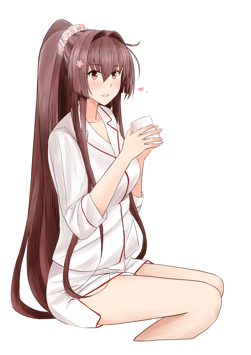 1girl brown_hair cherry_blossoms commentary_request cropped_legs cup feet_out_of_frame flower hair_flower hair_ornament hair_scrunchie invisible_chair kantai_collection long_hair mug nuko_(phylactery) pajamas parted_lips ponytail red_eyes scrunchie shorts simple_background sitting solo white_background white_scrunchie white_shorts yamato_(kantai_collection)