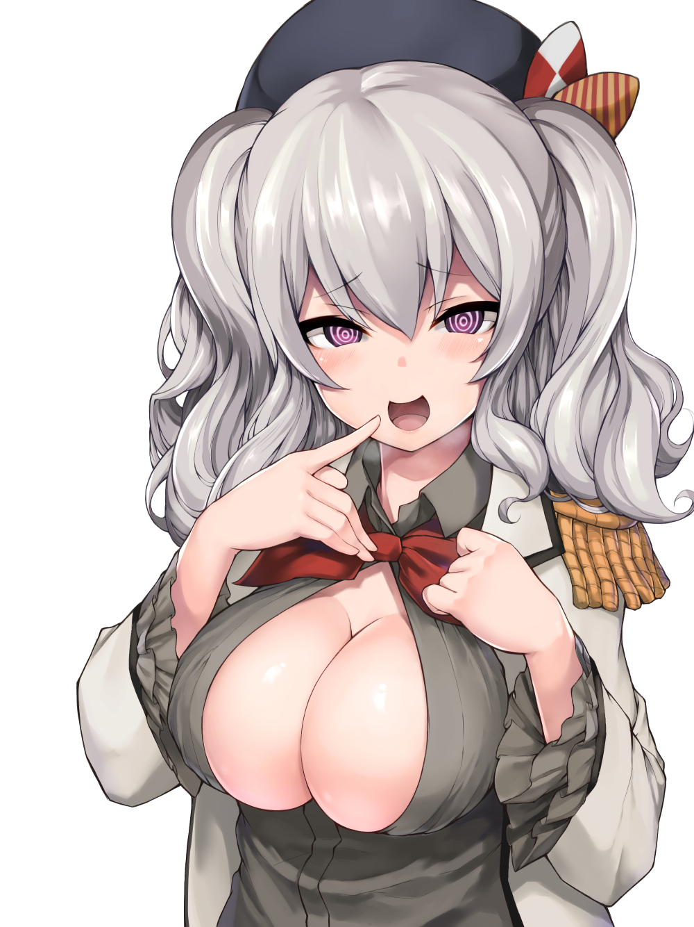 1girl @_@ beret blush breasts commentary_request epaulettes finger_to_mouth grey_shirt hat highres kantai_collection kashima_(kantai_collection) large_breasts long_hair long_sleeves looking_at_viewer military military_jacket military_uniform neckerchief open_clothes open_mouth open_shirt red_neckwear shirt sidelocks siesta_(artist) silver_hair simple_background smile solo twintails uniform upper_body violet_eyes wavy_hair white_background