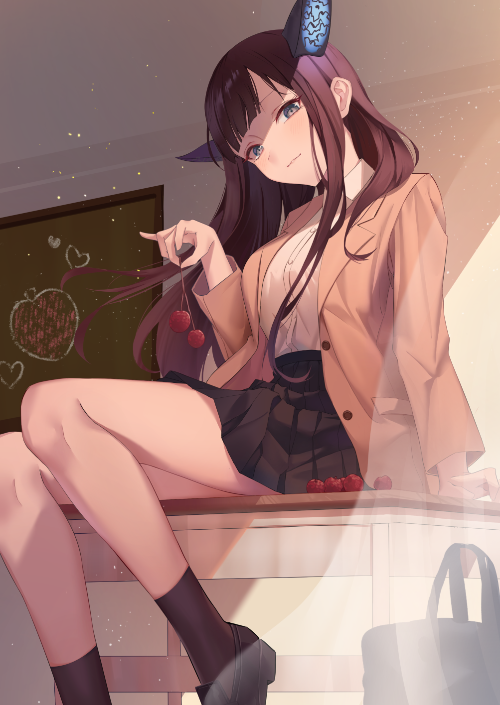 1girl bag beret black_footwear black_legwear black_skirt blazer blush breasts brown_jacket chalkboard closed_mouth collared_shirt commentary_request curtains fate/grand_order fate_(series) feet_out_of_frame food fruit hat head_tilt heart highres holding holding_food holding_fruit indoors jacket kneehighs long_hair long_sleeves looking_at_viewer lychee medium_breasts miniskirt on_table open_clothes open_jacket pleated_skirt school_bag shirt skirt smile solo table very_long_hair violet_eyes white_shirt yang_guifei_(fate/grand_order) yukiyama_momo