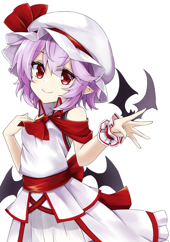 1girl akisome_hatsuka animal_on_hand bangs bare_shoulders bat bat_wings closed_mouth collarbone dress eyebrows_visible_through_hair frilled_dress frills hair_between_eyes hat hat_ribbon looking_at_viewer pink_hair pointy_ears red_eyes red_neckwear red_ribbon red_sash remilia_scarlet ribbon sash shirt short_hair simple_background sleeveless sleeveless_shirt smile touhou upper_body white_background white_dress white_frills white_headwear white_shirt wings wrist_cuffs