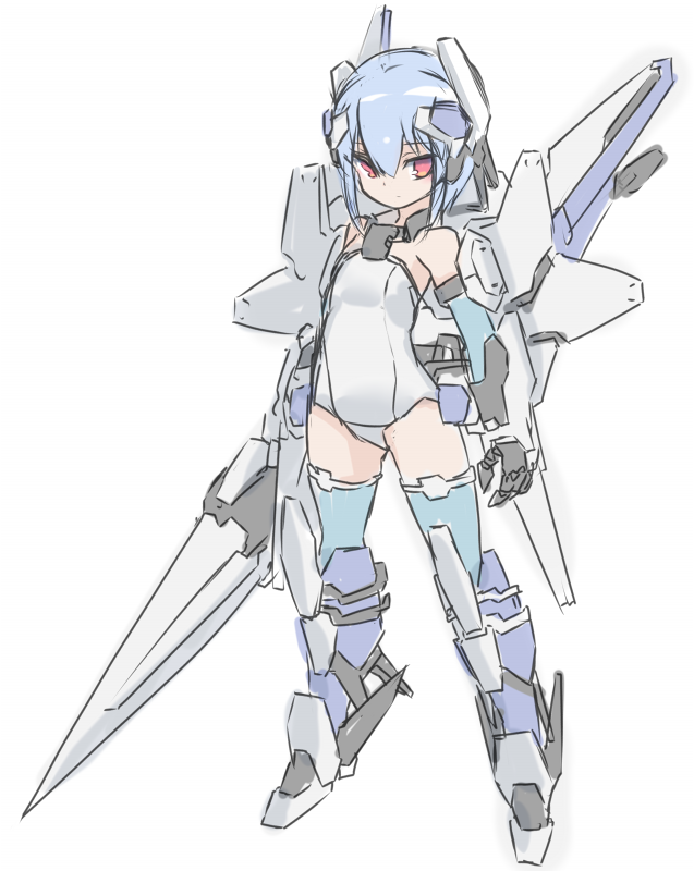 1girl bangs bare_shoulders black_gloves blue_hair blue_legwear breasts closed_mouth copyright_request elbow_gloves eyebrows_visible_through_hair full_body gloves hair_between_eyes headgear holding holding_sword holding_weapon karukan_(monjya) leotard looking_at_viewer mecha_musume red_eyes simple_background small_breasts solo sword thigh-highs weapon white_background white_leotard