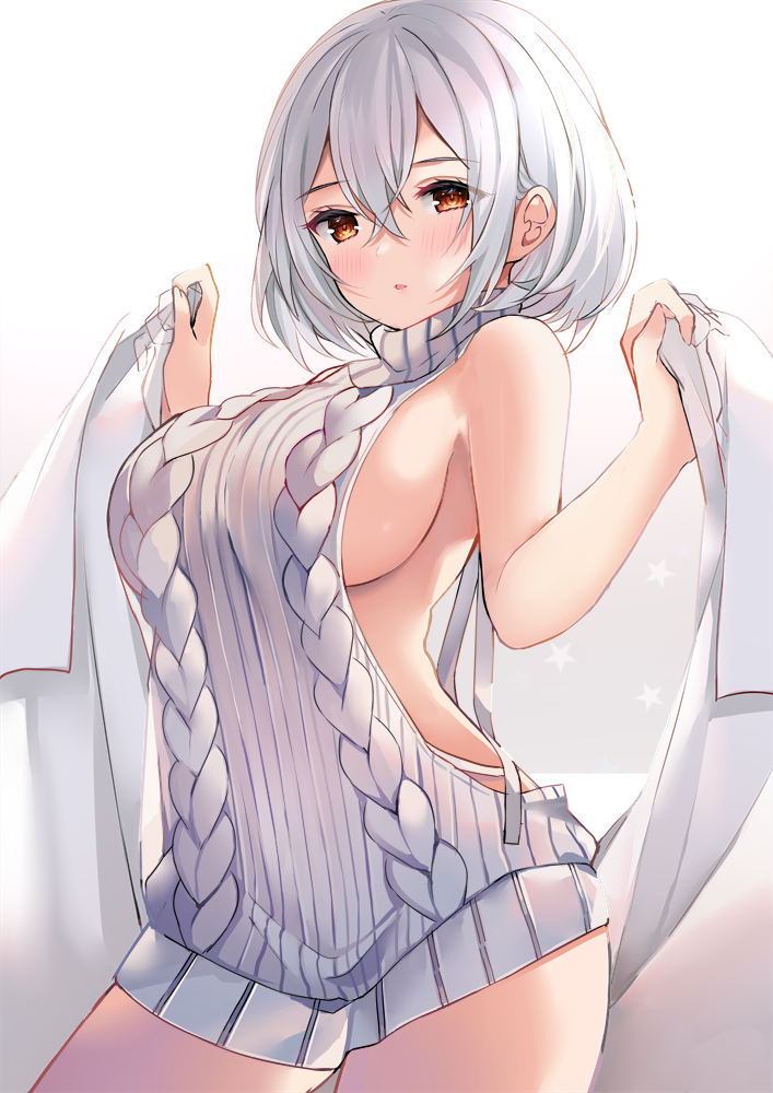 1girl azur_lane bangs bare_shoulders blush breasts commentary cowboy_shot crossed_bangs eyebrows_visible_through_hair gradient gradient_background grey_background hair_between_eyes hands_up holding large_breasts looking_at_viewer meme_attire no_bra parted_lips ry_thae see-through short_hair sideboob sidelocks sirius_(azur_lane) sleeveless_sweater solo standing starry_background sweater thighs turtleneck turtleneck_sweater virgin_killer_sweater white_background white_hair white_sweater