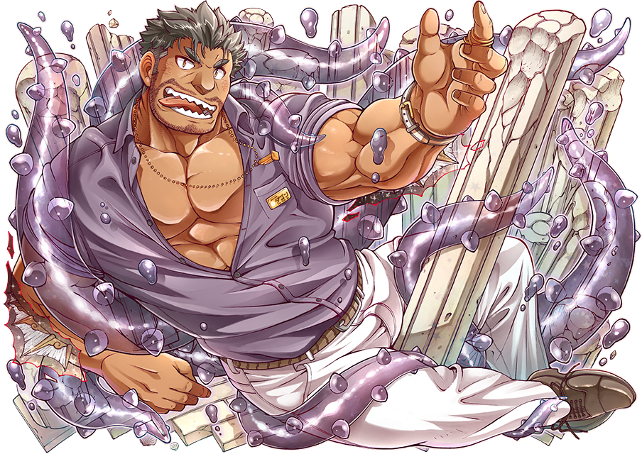 1boy 2bombom abs bara beard belt brown_eyes chest dagon_(tokyo_houkago_summoners) facial_hair full_body grey_hair jewelry looking_at_viewer male_focus manly muscle official_art open_clothes open_shirt pectorals ring simple_background solo tentacles tokyo_houkago_summoners tongue tongue_out watch