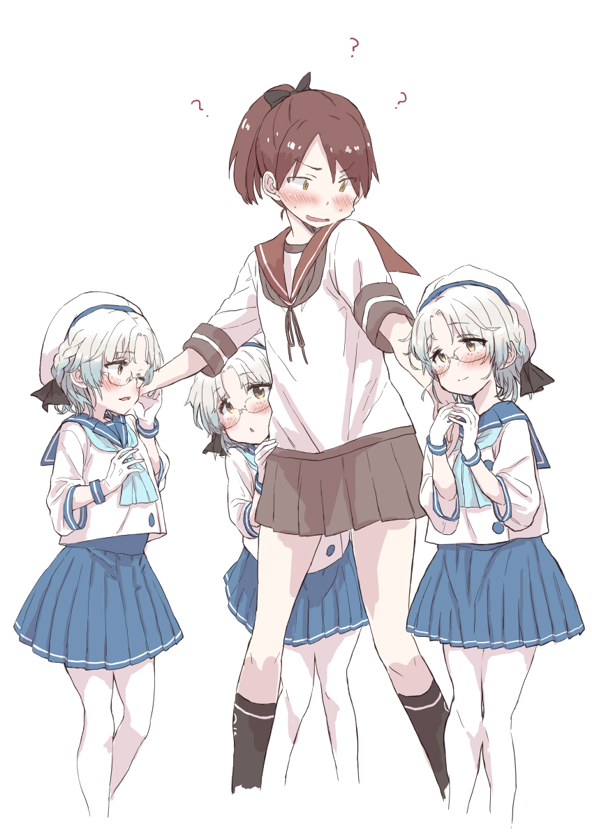 4girls ?? blush brown_hair clone glasses highres holding_hands kantai_collection matsutani multiple_girls shikinami_(kantai_collection) short_hair sweatdrop triplets white_hair