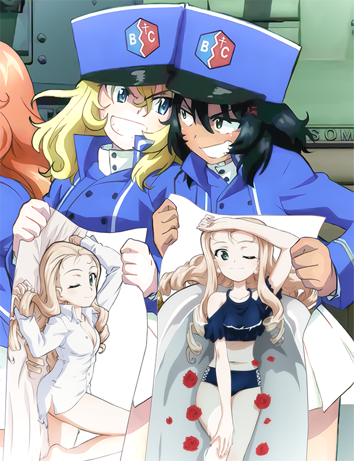 3girls ;) andou_(girls_und_panzer) arm_up arms_up bangs bathtub bc_freedom_(emblem) bc_freedom_military_uniform bikini black_bikini black_hair blonde_hair blue_eyes blue_headwear blue_jacket blue_vest brown_eyes commentary dakimakura_(object) dark_skin dress_shirt drill_hair emblem flower girls_und_panzer green_eyes grimace grin haiiro_purin hat high_collar holding isabe_(girls_und_panzer) jacket kepi long_hair long_sleeves looking_at_another lying marie_(girls_und_panzer) medium_hair messy_hair military military_hat military_uniform miniskirt multiple_girls naked_shirt navel no_pants on_back on_bed one_eye_closed orange_hair oshida_(girls_und_panzer) partially_unbuttoned pillow pleated_skirt rose shirt side-by-side skirt smile standing swimsuit uniform v-shaped_eyebrows vest wavy_hair white_shirt white_skirt