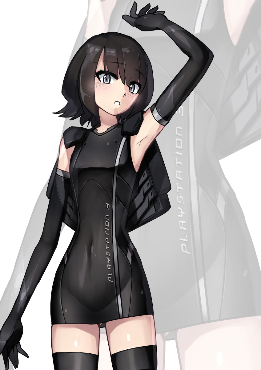 1girl bangs covered_navel elbow_gloves eyebrows_visible_through_hair game_console gloves grey_eyes hand_up highres i.takashi looking_at_viewer open_mouth pencil_skirt personification playstation_3 skin_tight skirt solo sony thigh-highs zettai_ryouiki zoom_layer