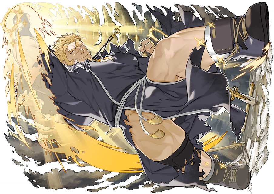 1boy bara beard blonde_hair bulge chest facial_hair fingerless_gloves full_body gloves goatee gomtang hood hood_down hoodie jacob_(tokyo_houkago_summoners) jewelry looking_at_viewer male_focus manly muscle necklace official_art scar shoes simple_background socks solo sparkle thick_thighs thighs tokyo_houkago_summoners torn_clothes yellow_eyes