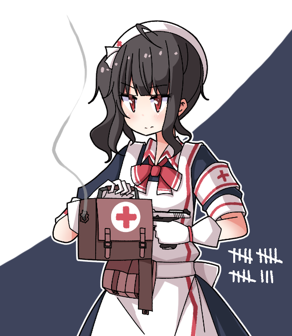1girl ac130 ahoge armband bag black_hair bullet_hole commentary_request girls_frontline gloves gsh-18 gsh-18_(girls'_frontline) gun handgun hat holding holding_bag holding_gun holding_weapon nurse nurse_cap one_side_up red_eyes short_sleeves smoke solo tally upper_body weapon white_gloves