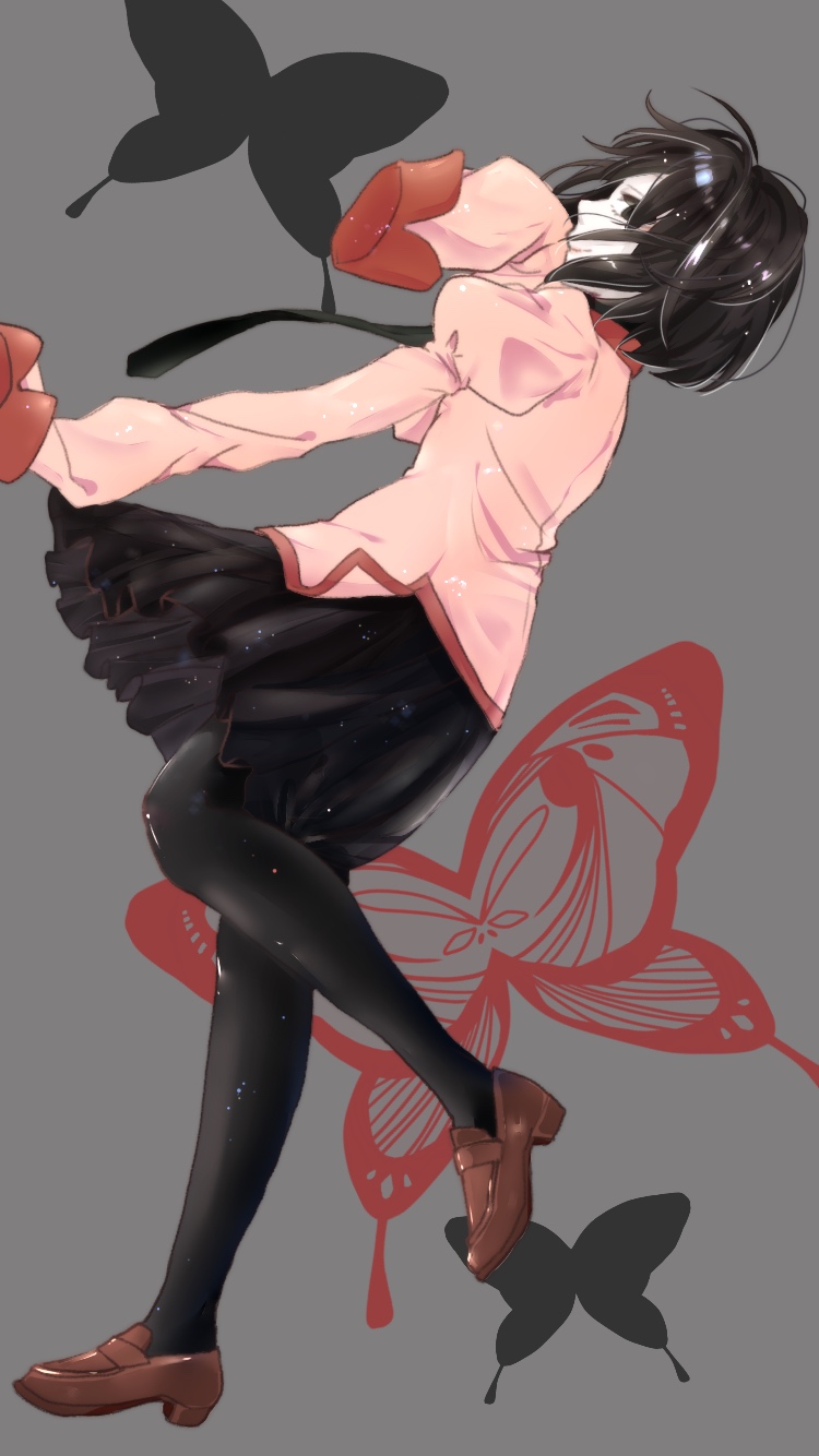 1girl bakemonogatari black_eyes black_hair black_legwear black_neckwear black_skirt bob_cut brown_footwear bug butterfly empty_eyes foot_up grey_background highres insect juliet_sleeves loafers long_sleeves looking_at_viewer looking_to_the_side madoa_(user_zycm7243) monogatari_(series) naoetsu_high_school_uniform necktie oshino_ougi pale_skin pantyhose pink_shirt pleated_skirt profile puffy_sleeves school_uniform shirt shoes short_hair skirt sleeves_past_fingers sleeves_past_wrists smile solo swallowtail_butterfly