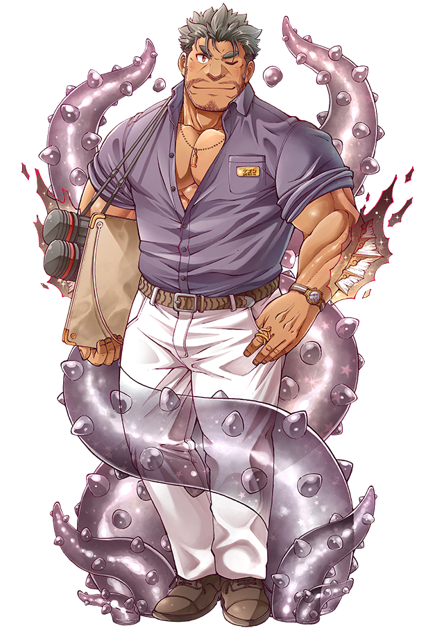 1boy 2bombom bara beard belt brown_eyes chest dagon_(tokyo_houkago_summoners) facial_hair full_body grey_hair hand_in_pocket jewelry looking_at_viewer male_focus manly muscle official_art one_eye_closed open_clothes pectorals simple_background smile solo tentacles tokyo_houkago_summoners