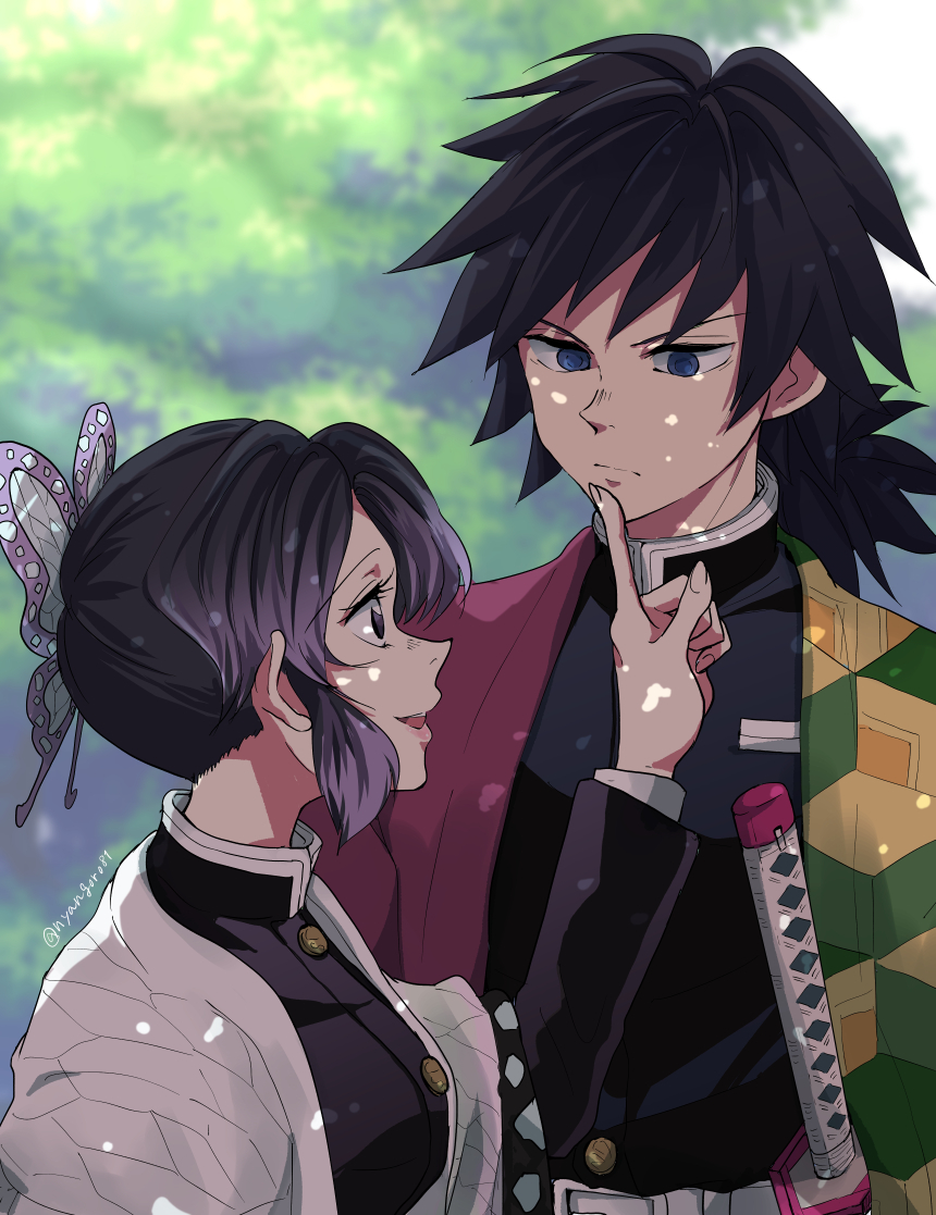 1boy 1girl :d asymmetrical_clothes belt_buckle black_eyes black_hair black_jacket blue_eyes blurry blurry_background buckle butterfly_hair_ornament couple day eye_contact finger_to_another's_mouth gradient_hair grey_hair hair_ornament haori index_finger_raised jacket japanese_clothes kimetsu_no_yaiba kochou_shinobu long_sleeves looking_at_another low_ponytail multicolored_hair nyangorobei open_mouth outdoors ponytail profile shiny shiny_hair short_hair smile tomioka_giyuu