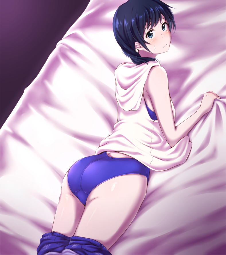 1girl amano_hina_(tenki_no_ko) ass bangs bed_sheet black_hair blue_eyes blue_shorts blue_swimsuit closed_mouth competition_swimsuit dutch_angle hair_between_eyes hood hood_down hooded_jacket jacket looking_back lying on_bed on_stomach one-piece_swimsuit sheet_grab shiny shiny_hair short_hair shorts shorts_pull sleeveless sleeveless_jacket solo sweatdrop swimsuit swimsuit_under_clothes tenki_no_ko white_jacket yyi