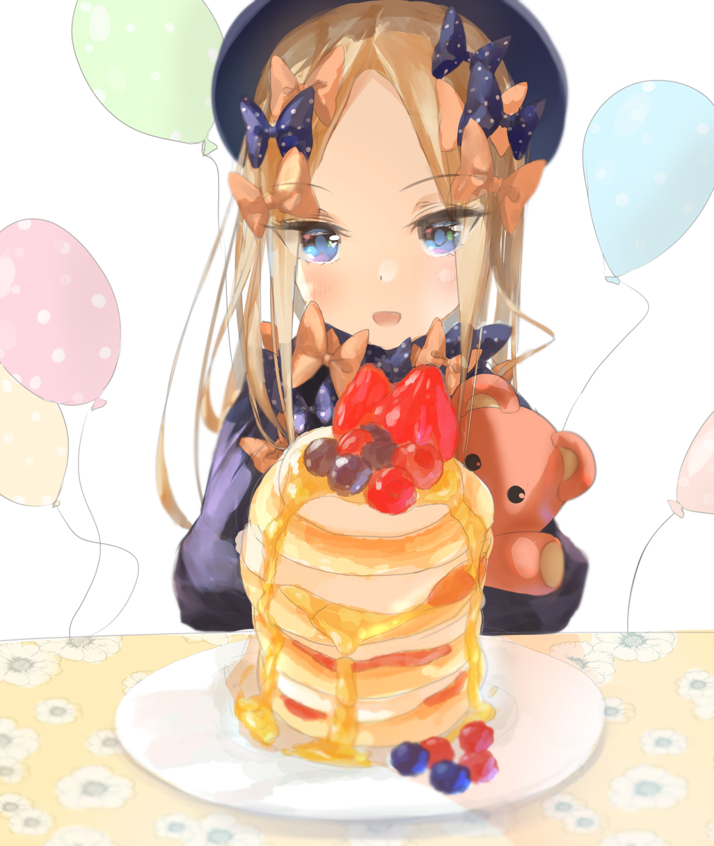1girl abigail_williams_(fate/grand_order) balloon bangs birthday black_bow black_dress black_headwear blonde_hair blue_eyes blueberry bow dress eyebrows_visible_through_hair fate/grand_order fate_(series) food forehead fruit hair_bow hat highres indoors long_hair multiple_bows multiple_hair_bows object_hug open_mouth orange_bow pancake parted_bangs plate polka_dot polka_dot_bow purple_bow sakazakinchan simple_background sleeves_past_fingers sleeves_past_wrists smile solo stack_of_pancakes strawberry stuffed_animal stuffed_toy table teddy_bear white_background