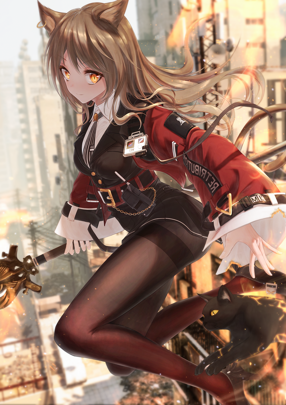 1girl animal animal_ear_fluff animal_ears arknights bae.c black_cat black_footwear black_skirt black_vest blurry blurry_background breasts brown_hair brown_legwear cat cat_ears cat_girl cat_tail closed_mouth collared_shirt commentary_request day depth_of_field floating_hair highres holding jacket long_hair long_sleeves looking_at_viewer medium_breasts open_clothes open_jacket outdoors pantyhose pleated_skirt red_jacket shirt shoes skirt skyfire_(arknights) sleeves_past_wrists smile solo tail thighband_pantyhose v-shaped_eyebrows very_long_hair vest white_shirt