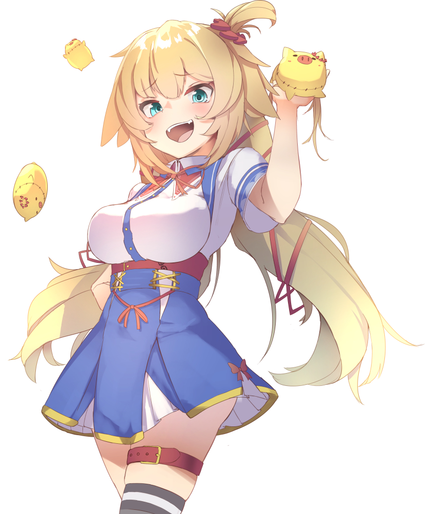 1girl akai_haato bangs blonde_hair blue_eyes blue_skirt blush breasts eyebrows_visible_through_hair haaton_(haato_channel) hair_between_eyes hair_ornament hair_ribbon heart heart_hair_ornament high-waist_skirt hololive large_breasts long_hair looking_at_viewer moritatsu one_side_up open_mouth pleated_skirt red_ribbon ribbon shirt short_sleeves simple_background skindentation skirt smile smug solo striped striped_legwear stuffed_animal stuffed_pig stuffed_toy thigh-highs thigh_strap two-tone_skirt underbust very_long_hair virtual_youtuber white_background white_shirt