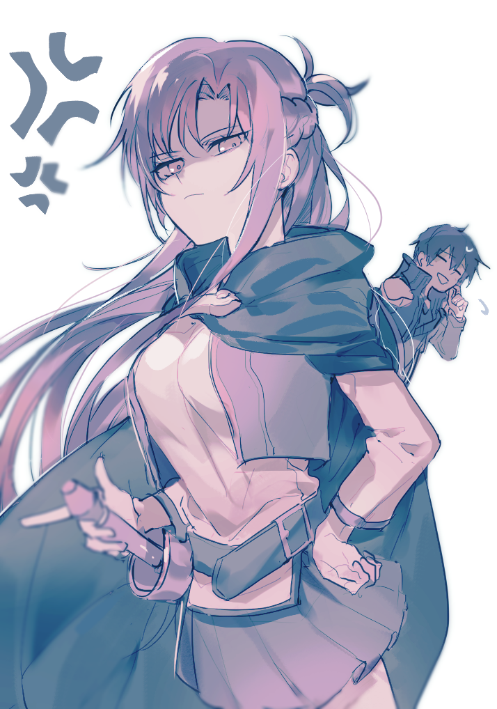 1boy 1girl angry asuna_(sao) bangs belt belt_buckle black_hair braid breasts brown_eyes brown_hair buckle cloak closed_eyes closed_mouth gaaamtyyy grey_cloak hair_between_eyes holding holding_sword holding_weapon kirito long_hair long_sleeves looking_at_viewer open_mouth rapier shaded_face short_hair sidelocks simple_background skirt smile solo_focus sweat sword sword_art_online very_long_hair weapon white_background