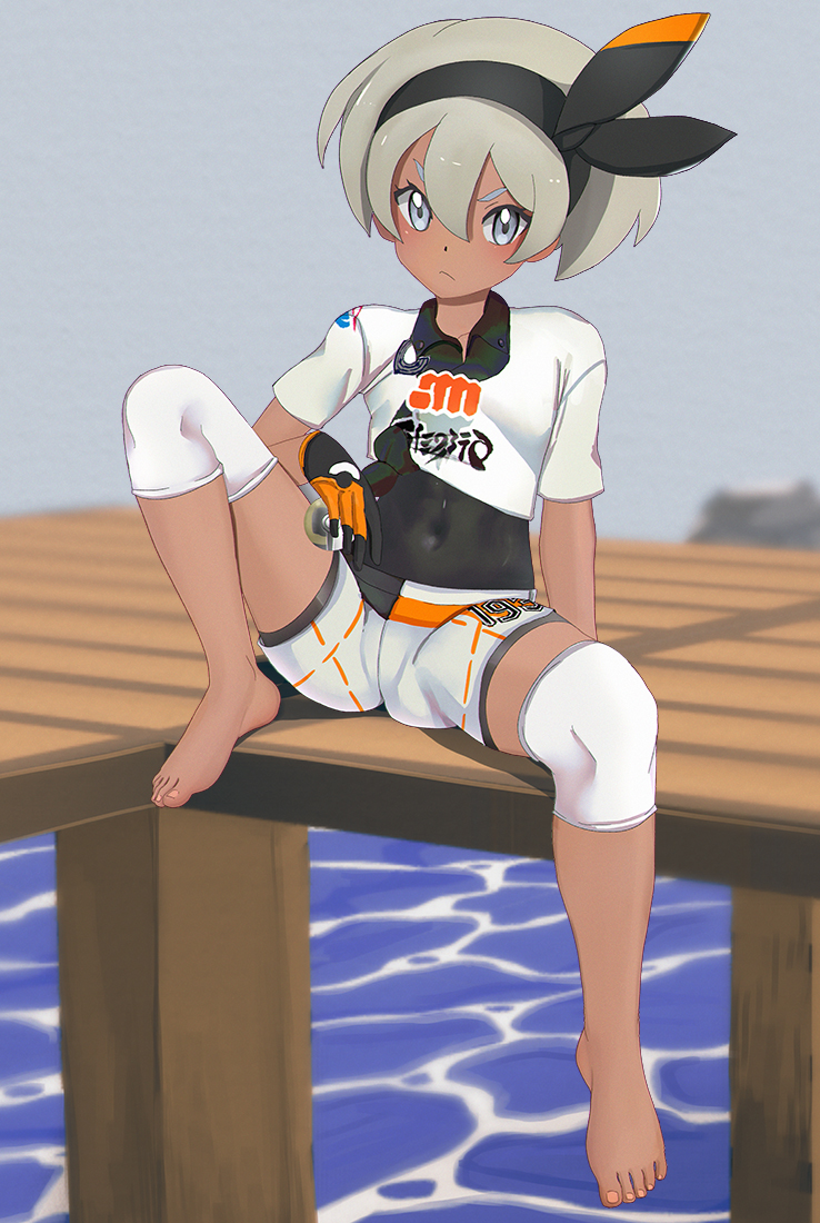 1girl :&lt; aruman barefoot black_bodysuit black_hairband bodysuit bodysuit_under_clothes closed_mouth collared_shirt commentary covered_navel feet gloves grey_eyes grey_hair gym_leader hair_between_eyes hairband holding holding_poke_ball knee_pads looking_at_viewer pier poke_ball pokemon pokemon_(game) pokemon_swsh print_shirt print_shorts saitou_(pokemon) shirt short_hair short_sleeves shorts sitting solo spread_legs tied_shirt toes ultra_ball water