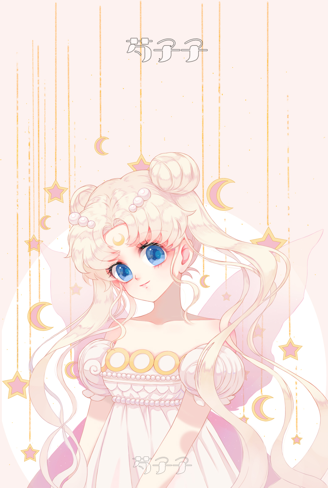 1girl artist_name bangs bare_shoulders bishoujo_senshi_sailor_moon blonde_hair blue_eyes closed_mouth crescent crescent_moon double_bun dress facial_mark forehead_mark hair_ornament hairclip highres light_smile long_hair looking_at_viewer moon parted_bangs pink_background princess_serenity puffy_short_sleeves puffy_sleeves sailor_moon see-through short_sleeves smile solo star_(symbol) strapless strapless_dress szzszzz tsukino_usagi twintails very_long_hair white_dress