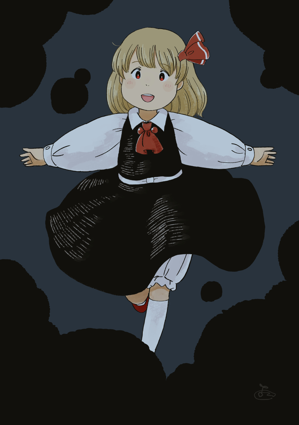 1girl ascot black_skirt black_vest blonde_hair bloomers chii-kun_(seedyoulater) darkness dress_shirt hair_ribbon highres long_sleeves looking_at_viewer open_mouth outstretched_arms red_eyes red_footwear red_neckwear red_ribbon ribbon rumia shirt skirt solo spread_arms touhou underwear upper_teeth vest white_shirt