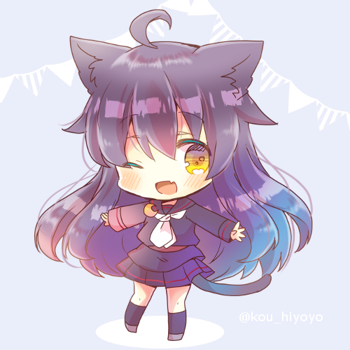 1girl ;d ahoge animal_ear_fluff animal_ears bangs black_hair black_legwear black_sailor_collar black_serafuku black_shirt black_skirt blue_background blush cat_ears cat_girl cat_tail chibi commentary_request eyebrows_visible_through_hair fang full_body grey_footwear hair_between_eyes kantai_collection kemonomimi_mode kneehighs kouu_hiyoyo long_hair long_sleeves looking_at_viewer lowres mikazuki_(kantai_collection) one_eye_closed open_mouth outstretched_arms pennant pleated_skirt sailor_collar school_uniform serafuku shirt skirt sleeves_past_wrists smile solo spread_arms standing string_of_flags tail twitter_username very_long_hair yellow_eyes