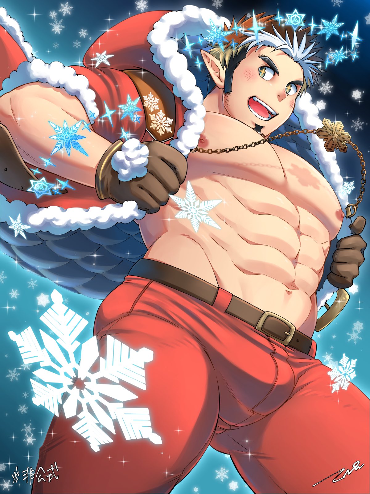 1boy abs bara beard blush brown_hair bulge chest facial_hair gloves goatee highres ice impossible_clothes looking_at_viewer male_focus manly multicolored_hair muscle pectorals pointy_ears santa_costume sideburns smile snow snowflakes solo sparkle sparkling_eyes tokyo_houkago_summoners tomte_(tokyo_houkago_summoners) tptptpn two-tone_hair upper_body white_hair