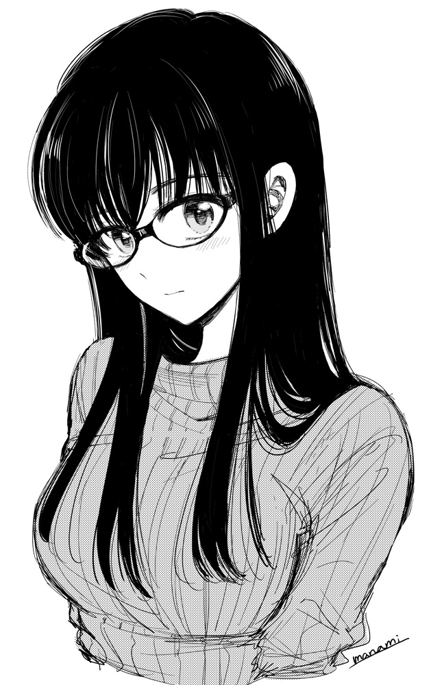 1girl bangs black_hair blush breasts closed_mouth commentary_request cropped_torso eyebrows_visible_through_hair glasses greyscale himawari-san himawari-san_(character) large_breasts long_hair looking_at_viewer monochrome ribbed_sweater signature solo sugano_manami sweater