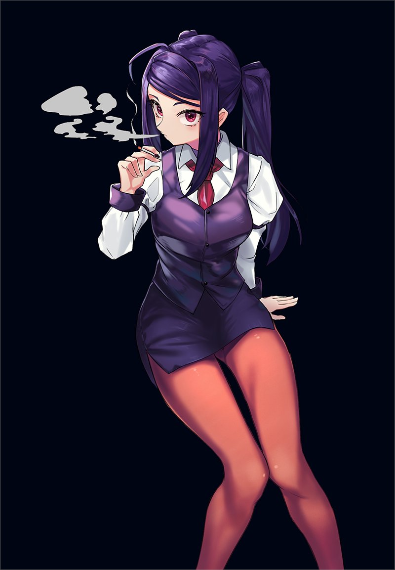 1girl bangs bartender black_background breasts cigarette floatingapple holding holding_cigarette invisible_chair jill_stingray long_hair long_sleeves looking_at_viewer necktie pantyhose purple_hair red_eyes shirt sidelocks simple_background sitting skirt smoke smoking solo swept_bangs twintails va-11_hall-a