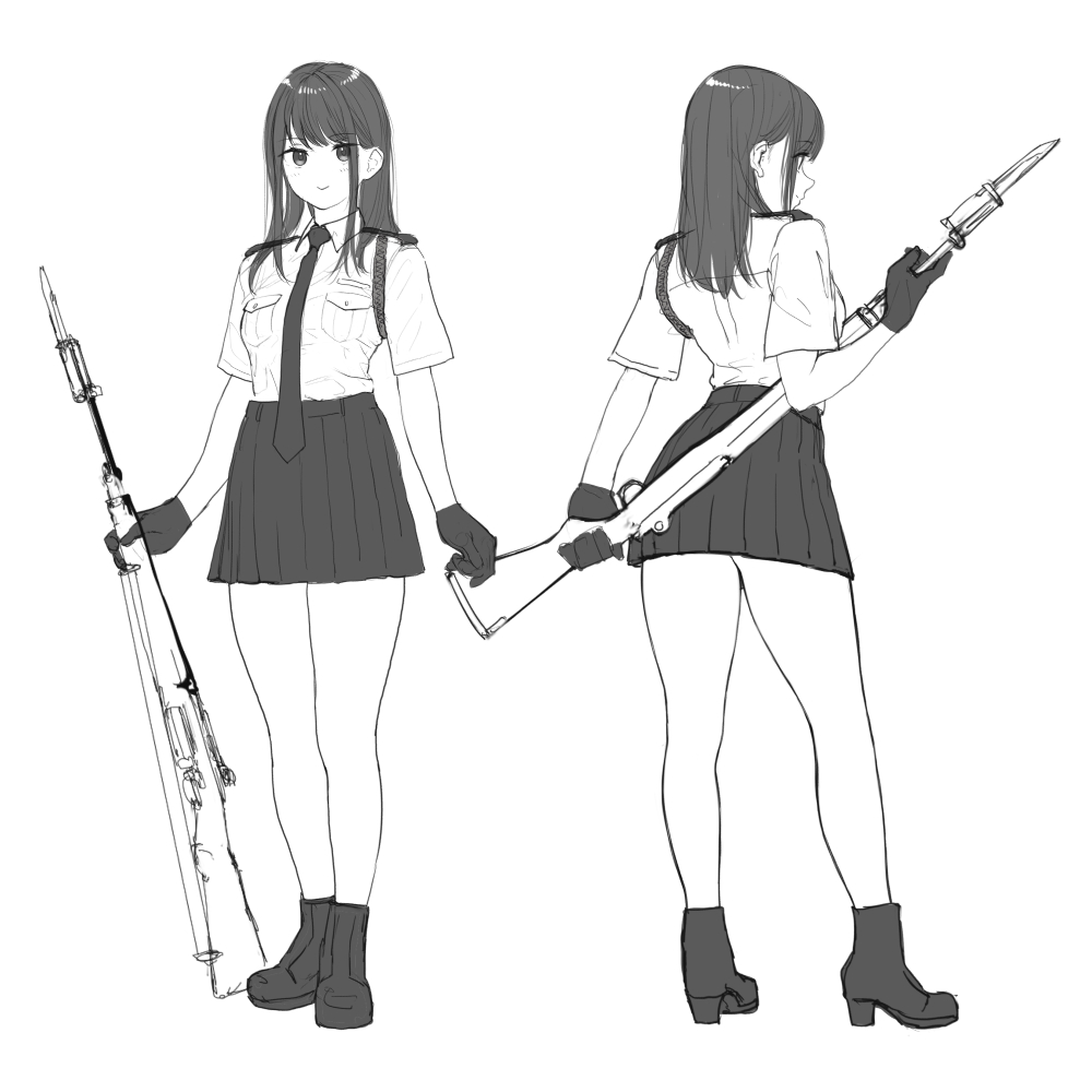 1girl aiguillette battle_rifle bayonet boots check_weapon collared_shirt full_body genso gloves greyscale gun holding holding_weapon long_hair looking_at_viewer m14 miniskirt monochrome multiple_views necktie original pleated_skirt rifle shirt short_sleeves simple_background sketch skirt smile straight_hair uniform weapon white_background white_shirt