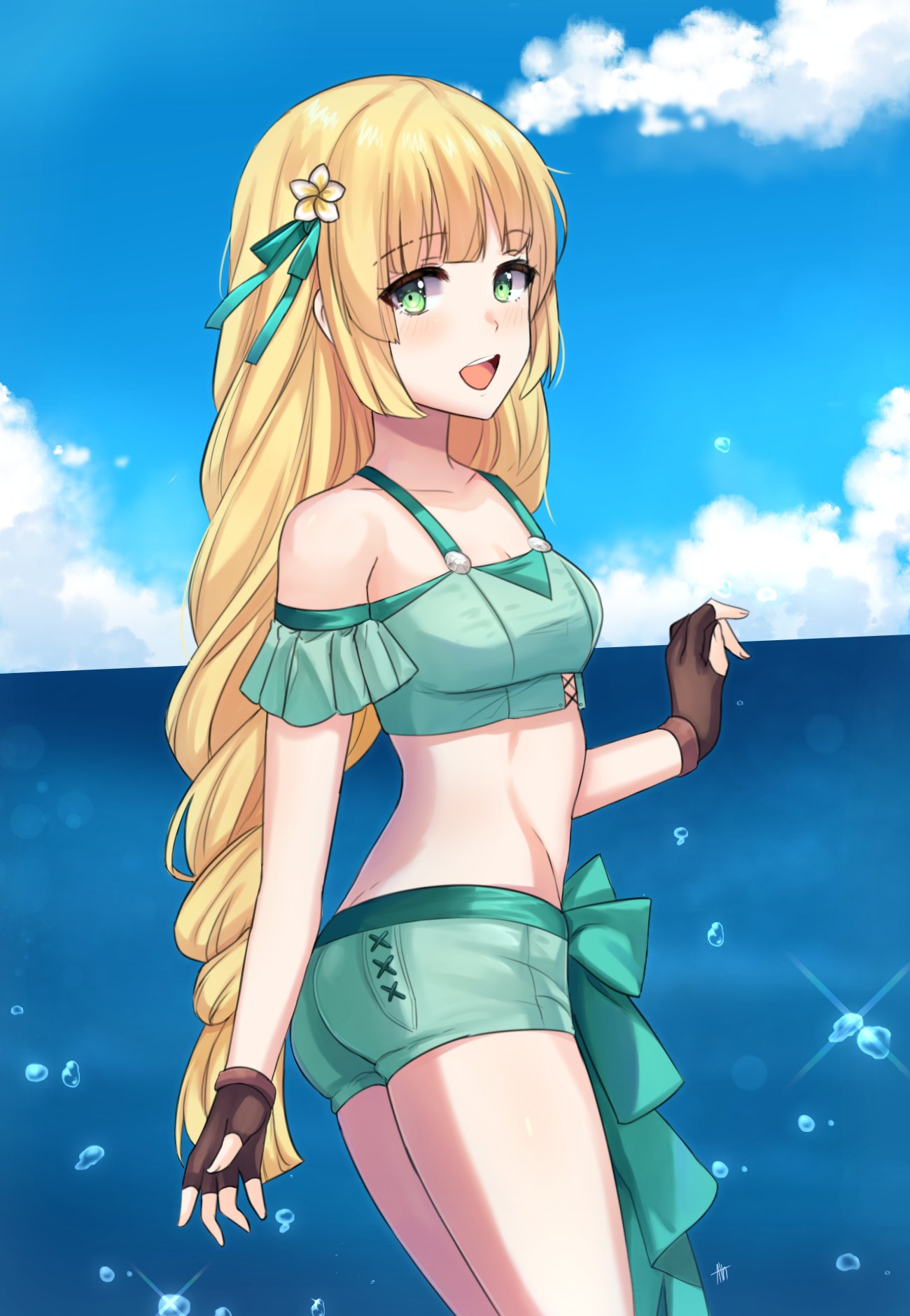 1girl blonde_hair blue_sky brown_gloves clouds day fingerless_gloves fire_emblem fire_emblem:_three_houses fire_emblem_heroes flower from_side gloves green_eyes hair_flower hair_ornament highres ingrid_brandl_galatea lilshironeko long_hair looking_to_the_side open_mouth sky solo swimsuit
