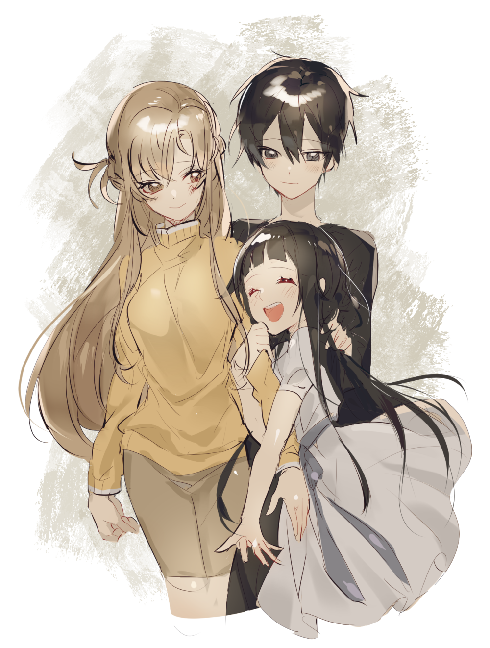 1boy 2girls asuna_(sao) bangs black_clothes black_eyes black_hair blush breasts brown_eyes brown_hair brown_pants brown_sweater closed_eyes closed_mouth dress eyebrows_visible_through_hair facing_viewer family gaaamtyyy grey_background grey_dress hair_between_eyes hand_on_another's_shoulder happy highres holding holding_another's_arm kirito light_brown_hair long_hair long_sleeves looking_at_another multiple_girls open_mouth pants short_hair short_sleeves sidelocks simple_background smile standing sweat sweater sword_art_online teeth turtleneck very_long_hair white_background yui_(sao)